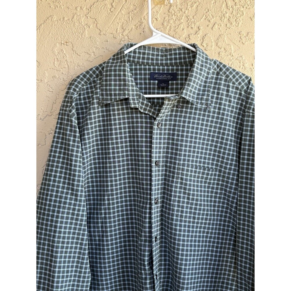 Brooks Brothers Green Grayish Check White Plaid Size XL Men Cotton Pocket shirt